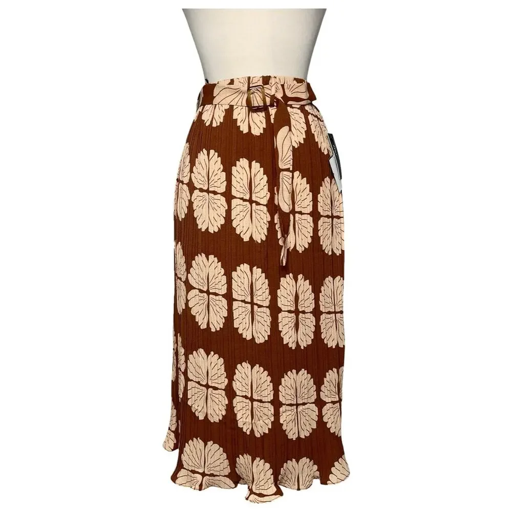 Alice Blue Boho Pleated Midi Skirt Brown Leaf Print Buckle Belt XL NWT